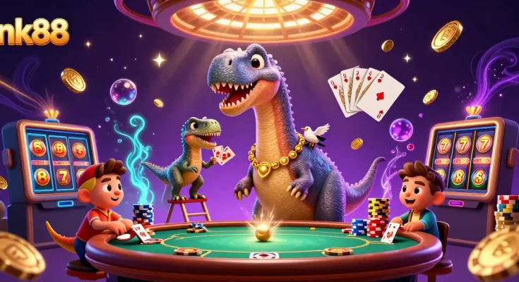 Experience nk88's vibrant casino world with a gigantic brontosaurus and dynamic gaming elements.