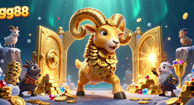 Experience thrilling wins at gg88 with a golden ram charging through treasures and casino elements.