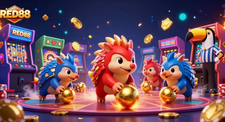 Join the exciting RED88 casino showdown with rival pangolins rolling poker chips in a vivid arcade scene.