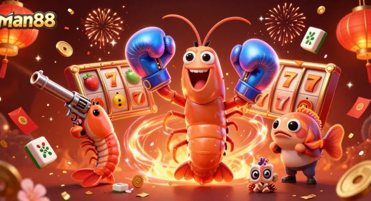 Experience thrilling casino action with man88 alongside animated characters in a vibrant, festive scene.