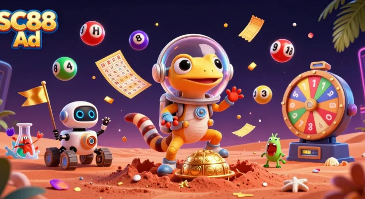 Engage with SC88 Ad in this vibrant illustration featuring a Martian gecko uncovering a gold casino.