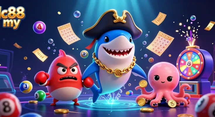 Engage with exciting games at lc88 my while enjoying vibrant illustrations of cartoon characters and casino elements.