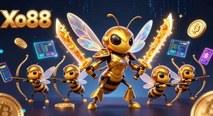 Xo88 showcases an energetic scene with a samurai hornet and bee archers amidst crypto elements.