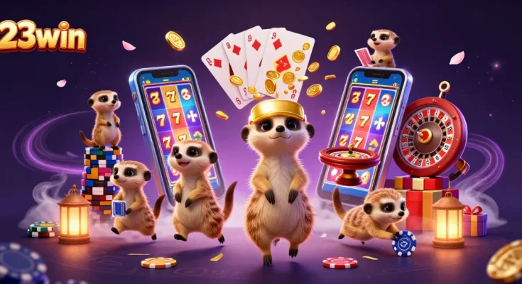Experience immersive gaming at 23win with meerkats running a vibrant casino, surrounded by colorful slot games.