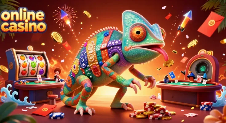 Engage with the vibrant online casino world featuring a colorful chameleon amidst spinning slot reels and festive elements.