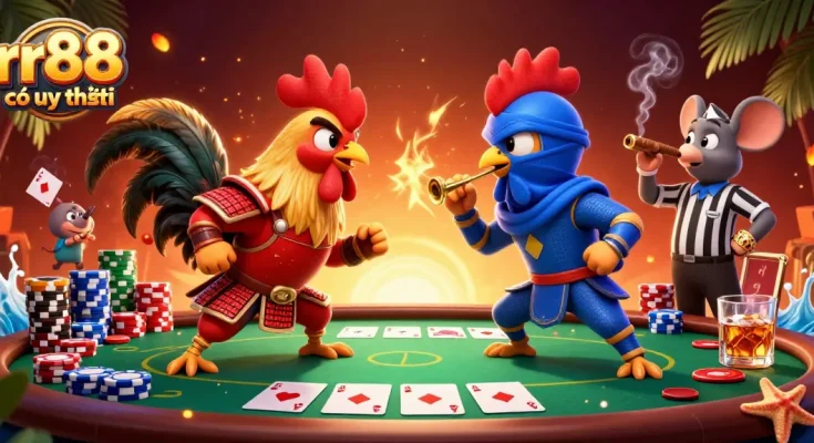 rr88 có uy tín showcases a dramatic standoff between roosters, highlighting casino elements and vibrant visuals.