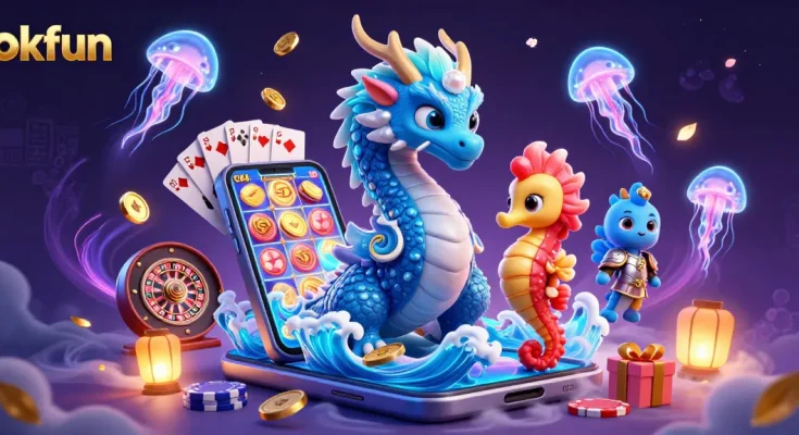 Engage with stunning gameplay at okfun, featuring a lively water dragon and vibrant casino elements.