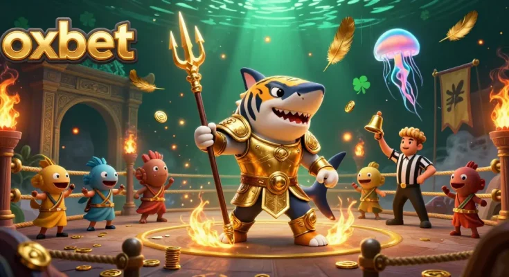 Experience excitement with oxbet's immersive underwater casino scene featuring a tiger shark in gladiator armor.