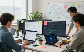 Collaborative team working on how to build internal tools with AI in a modern office.