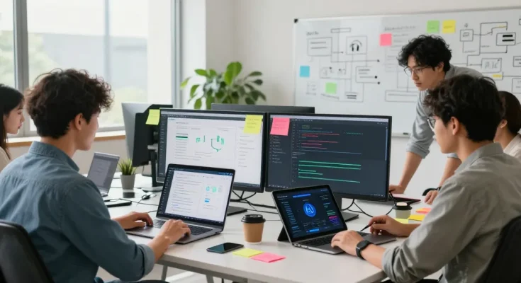 Collaborative team working on how to build internal tools with AI in a modern office.