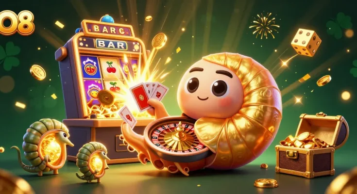O8 players spinning winning reels with a nautilus-inspired roulette in a vibrant casino scene.