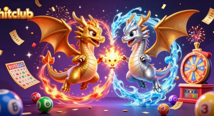 Experience the hitclub excitement with lottery elements in a vibrant 3D dragons illustration.