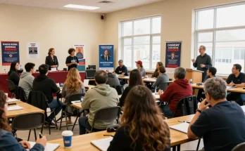 Engaged voters discussing Casey Askar's controversies during a town hall meeting.