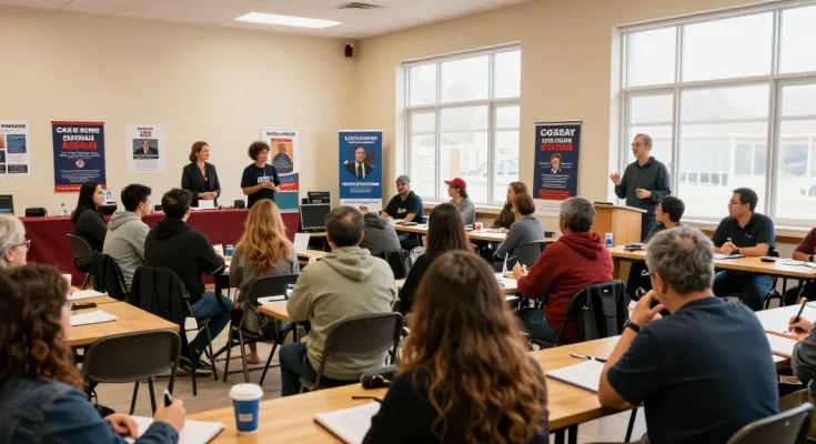 Engaged voters discussing Casey Askar's controversies during a town hall meeting.