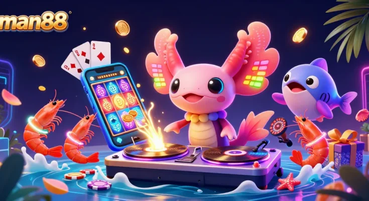 man88 showcases a vibrant casino scene with a DJ axolotl and playful marine characters spinning games.