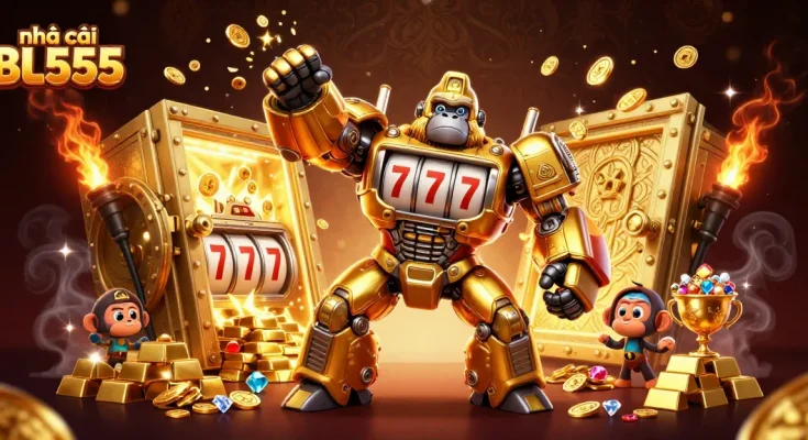 Experience casino thrills with nhà cái BL555's golden gorilla mech jackpot at play.