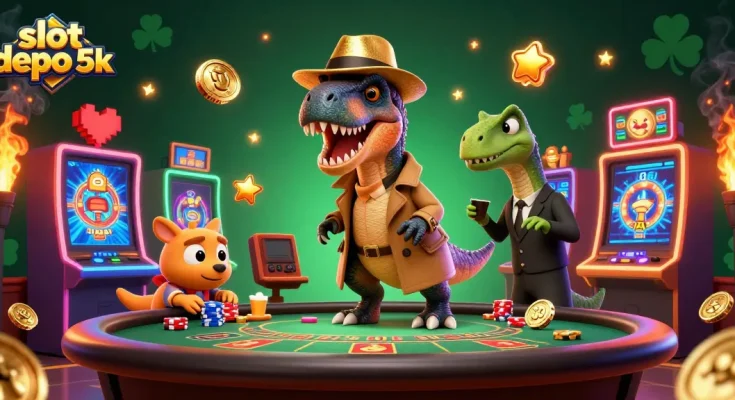 Engage with slot depo 5k in this ultra-detailed 3D casino scene featuring a velociraptor card counter and vibrant slot machines.