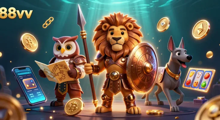 Engage in the thrilling action of 88vv casino with a 3D Spartan lion and vibrant slot elements.