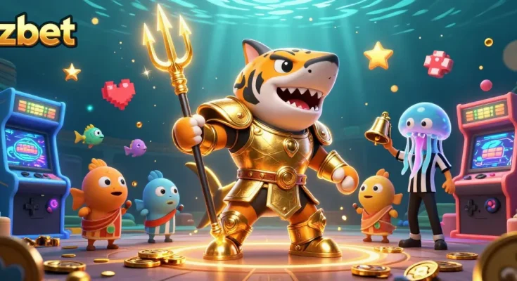 Experience zbet's thrilling underwater colosseum with a gold-armored shark and a vibrant crowd.