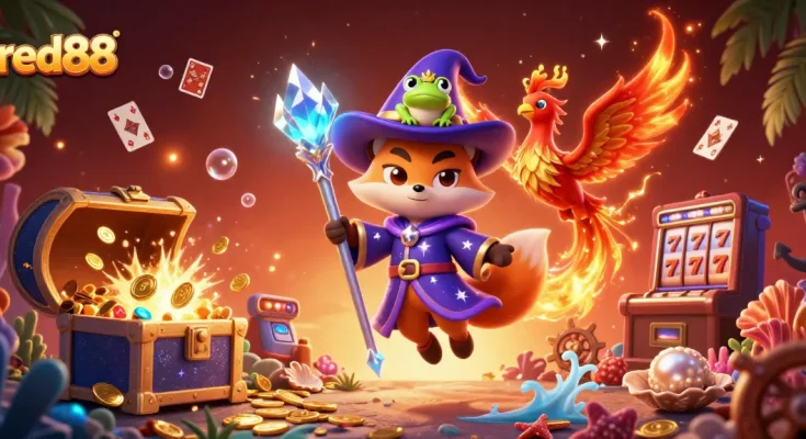 Red88 players engaging in a vibrant 3D casino world while winning at various slot machines.