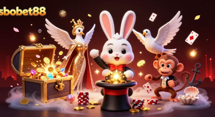 Experience sbobet88's thrilling betting environment with a magician rabbit, dove, and monkey amidst playful casino elements.