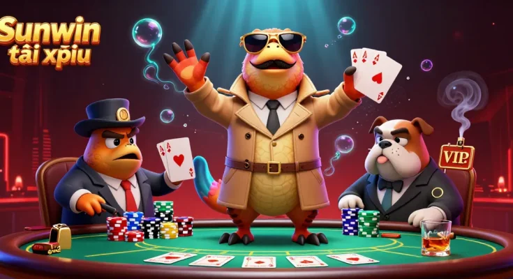 Engage in the thrilling Sunwin tài xỉu scene with animated raptors entering a VIP casino lounge.