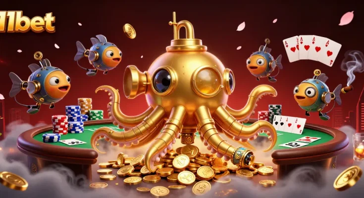 Experience thrilling poker action with 11bet's golden kraken submarine in a sea of coins.