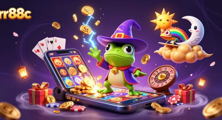 Experience the excitement of rr88c with a cartoon wizard frog amidst golden coins and vibrant game elements.