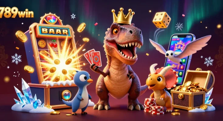 Join the fun at 789win with a lively cartoon scene of dinosaurs enjoying casino games.