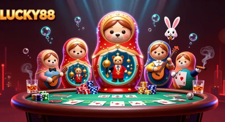 Join the excitement at LUCKY88 with vibrant casino elements and characters interacting dynamically.