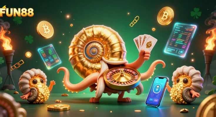 Engage with FUN88's vibrant casino experience featuring a 3D nautilus roulette wheel and glowing crypto elements.