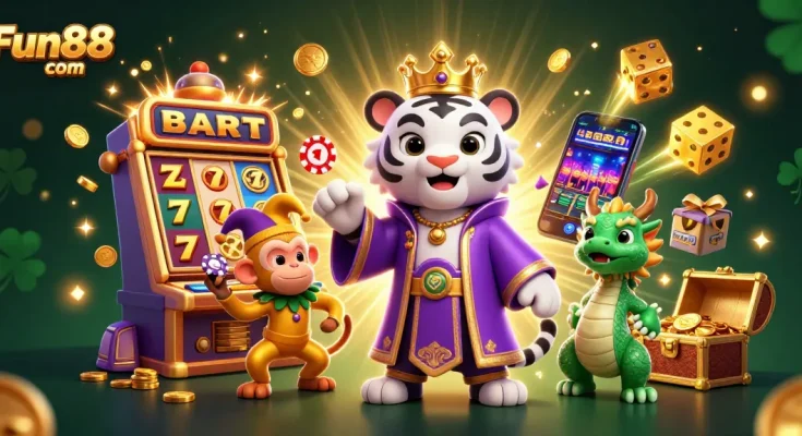 Experience the excitement of Fun88 com with a vibrant casino scene featuring dynamic characters and gaming elements.