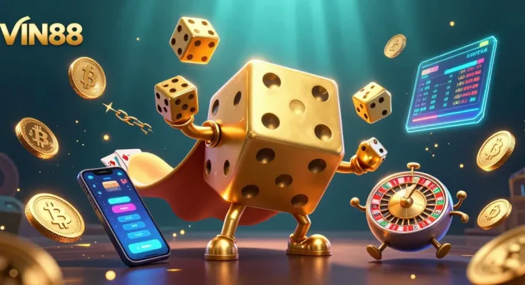 Enhance your VIN88 gaming experience with a vibrant 3D casino illustration featuring a golden dice golem.
