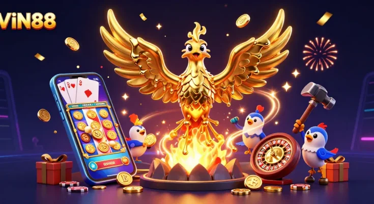 Experience the excitement at VIN88 with a dynamic scene of a molten gold phoenix amidst vivid gaming elements.