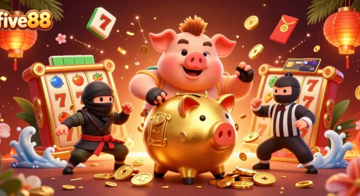 Experience five88's dynamic casino scene with vibrant characters and slot games in action.