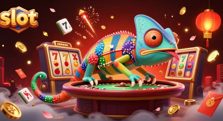 Experience big wins with vibrant slot symbols and a colorful chameleon casino owner in action