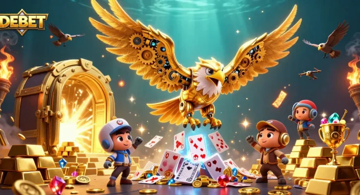 Experience thrilling wins at DEBET with the cyber golden eagle diving through holographic cards.