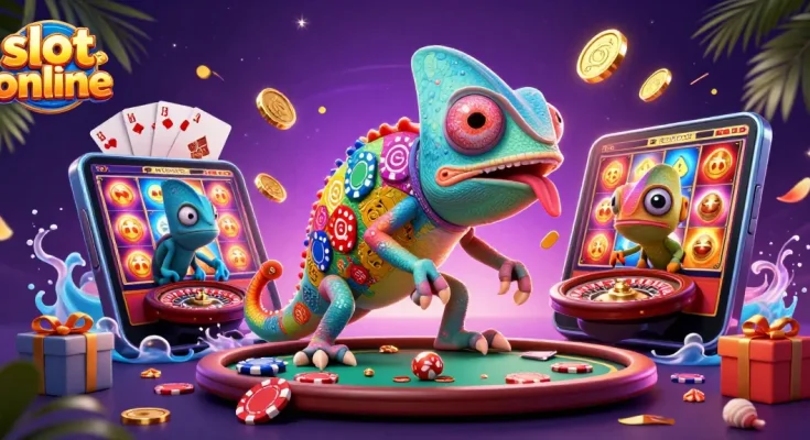 Experience slot online excitement with a vibrant chameleon casino owner snatching golden coins amidst dynamic gaming elements.