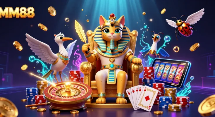 Experience MM88 with a vibrant 3D casino scene featuring Egyptian themes and dynamic gaming elements.