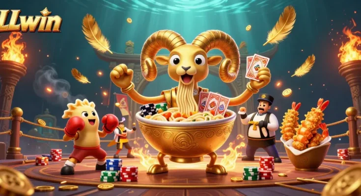 Engage with LLwin's thrilling casino experience featuring an animated scene of colorful characters in a vibrant setting.