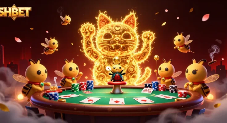 Experience thrilling gameplay at SHBET with a captivating 3D lucky cat illustration, showcasing dynamic casino symbols.