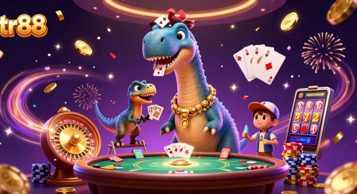 Experience tr88 with a 3D dinosaur casino scene featuring vibrant gambling elements and dynamic energy.