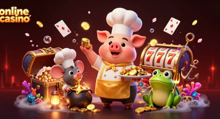 Experience thrilling wins at an online casino with vibrant characters and golden treasures.