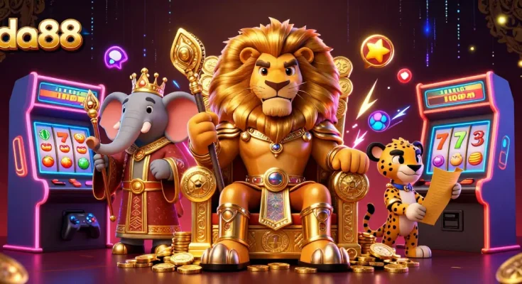Experience winning thrills with da88 in a vibrant 3D casino setting featuring a lion king and gaming elements