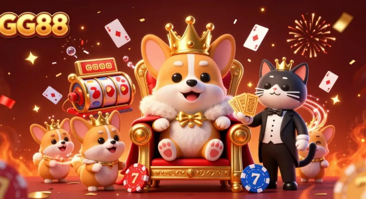 Experience GG88's vibrant casino magic with a royal corgi and lively gaming elements in this 3D art.