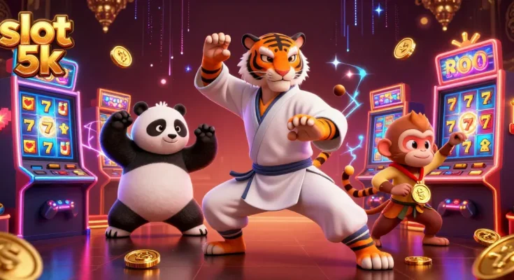 Engage with slot 5k action as a kung fu tiger and panda disciple play in a vibrant casino scene.