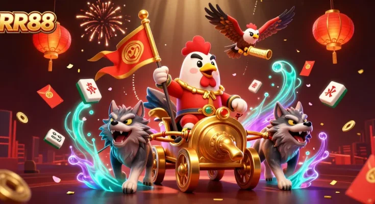 Experience the excitement of RR88 as a 3D rooster warlord commands a gaming scene filled with vibrant elements.