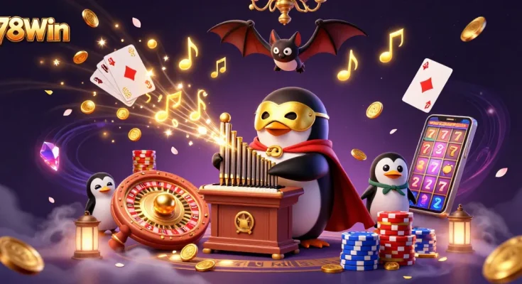 Experience the excitement of 78Win with animated characters and golden casino elements.